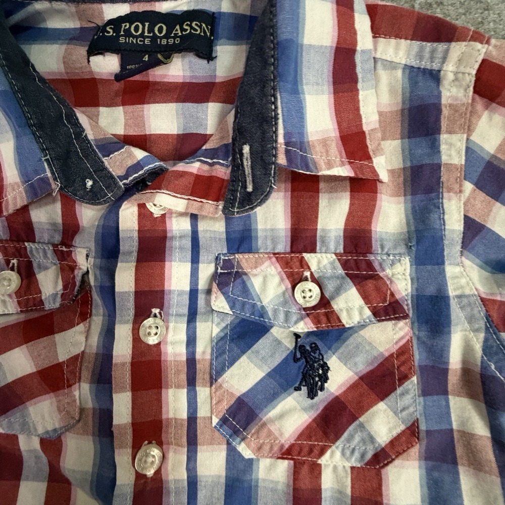 US Polo Assn Kids Plaid Button Up Shirt Red Blue White Size 4 Long Sleeve Preppy